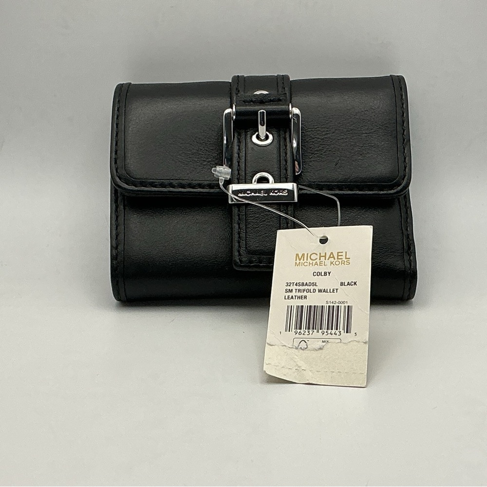 Michael Kors Colby Small Trifold Wallet Black Leather Buckle NWT